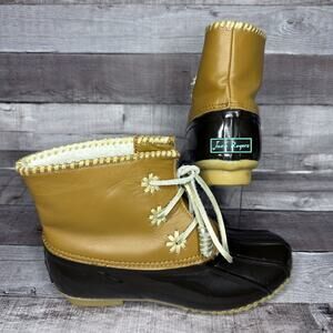 Jack Rogers Chloe Rain Duck Boots Fleece Lined Dark Brown Tan Leather Womens 7
